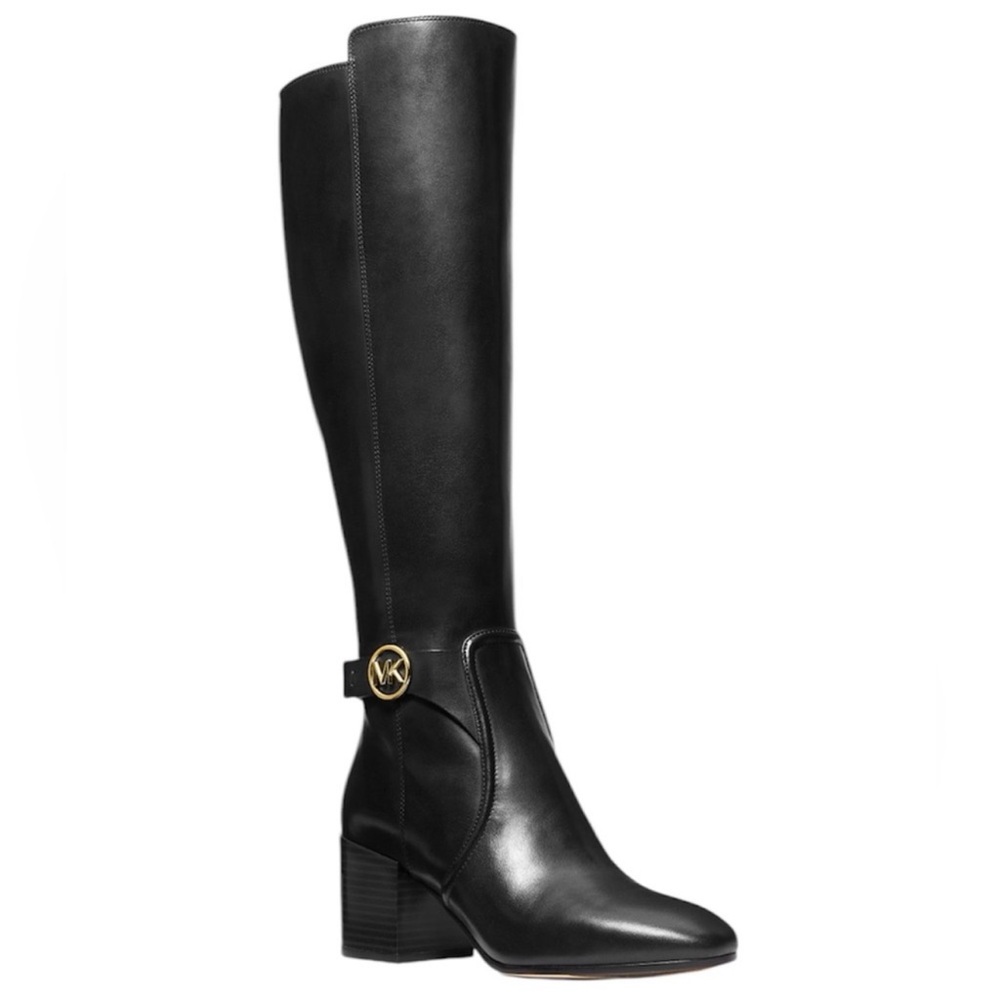 MICHAEL Michael Kors Carmen Leather Riding Boots Tall Black & Gold Logo 8.5 NIB